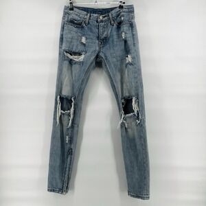 MNML Jeans Men's 28 Distressed Light Wash Ripped Denim Straight Button Fly